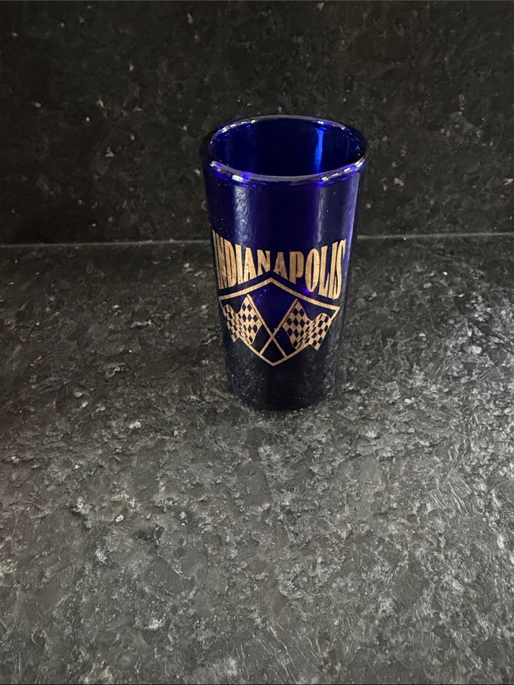 Indianapolis Cobalt Blue Glass Shot - Gold Racing Flag Accent